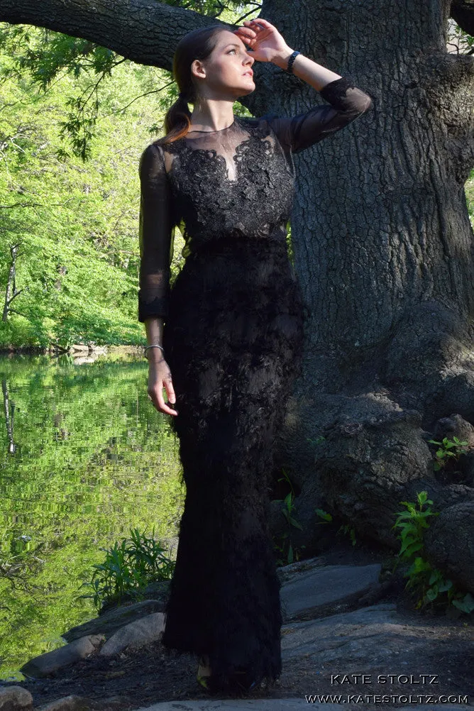 Black Silk Organza Blouse with Lace Appliqué