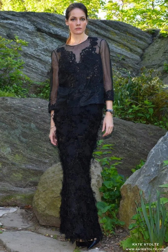Black Silk Organza Blouse with Lace Appliqué