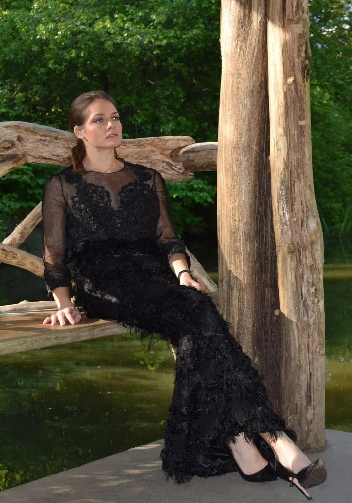 Black Silk Organza Blouse with Lace Appliqué