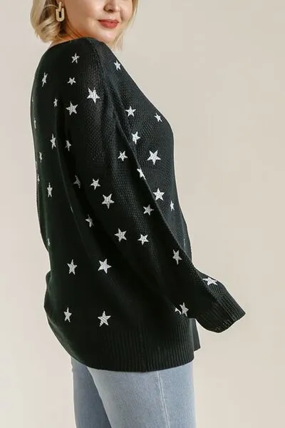 Black Star V-Neck Long Sleeve Sweater