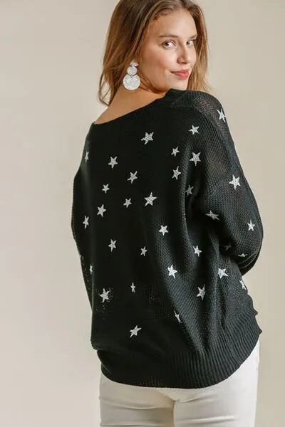 Black Star V-Neck Long Sleeve Sweater