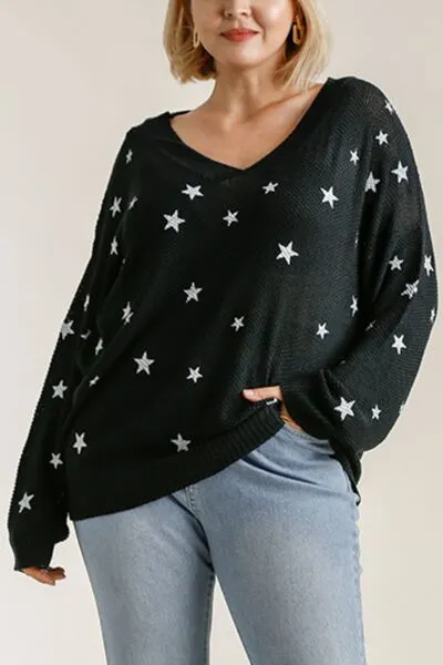 Black Star V-Neck Long Sleeve Sweater