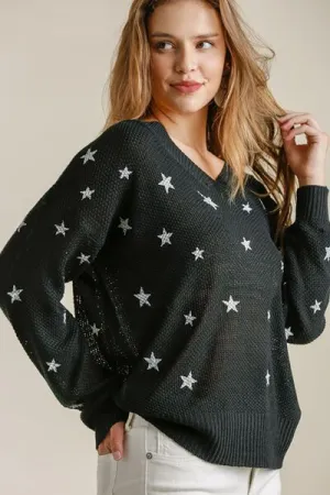 Black Star V-Neck Long Sleeve Sweater