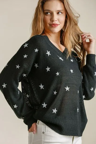Black Star V-Neck Long Sleeve Sweater