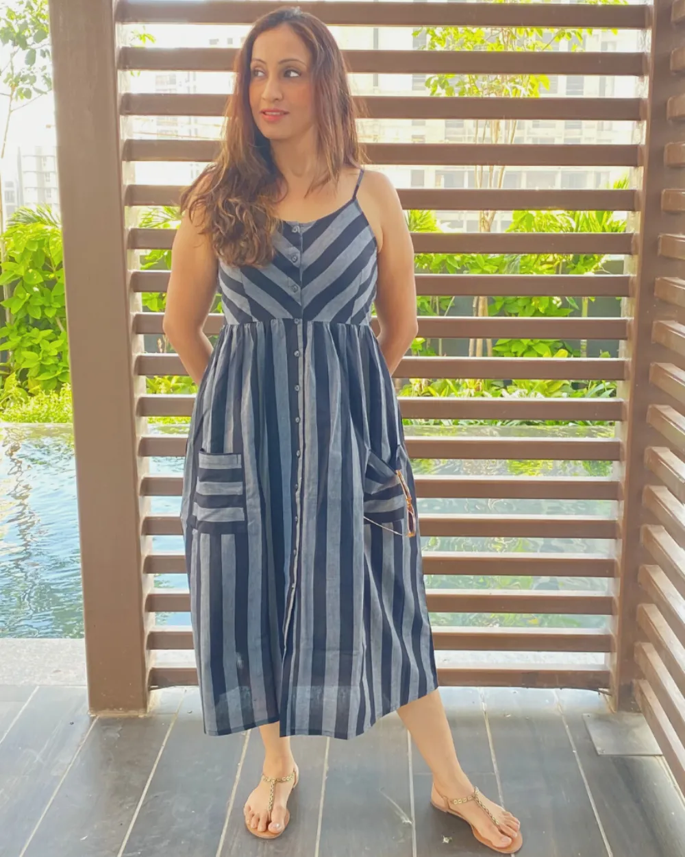 Black Striped Cotton Button-Down Strappy Midi Dress