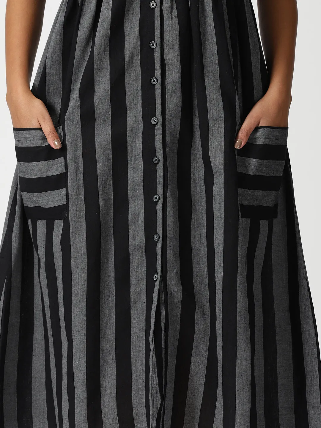 Black Striped Cotton Button-Down Strappy Midi Dress