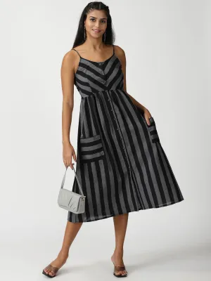 Black Striped Cotton Button-Down Strappy Midi Dress