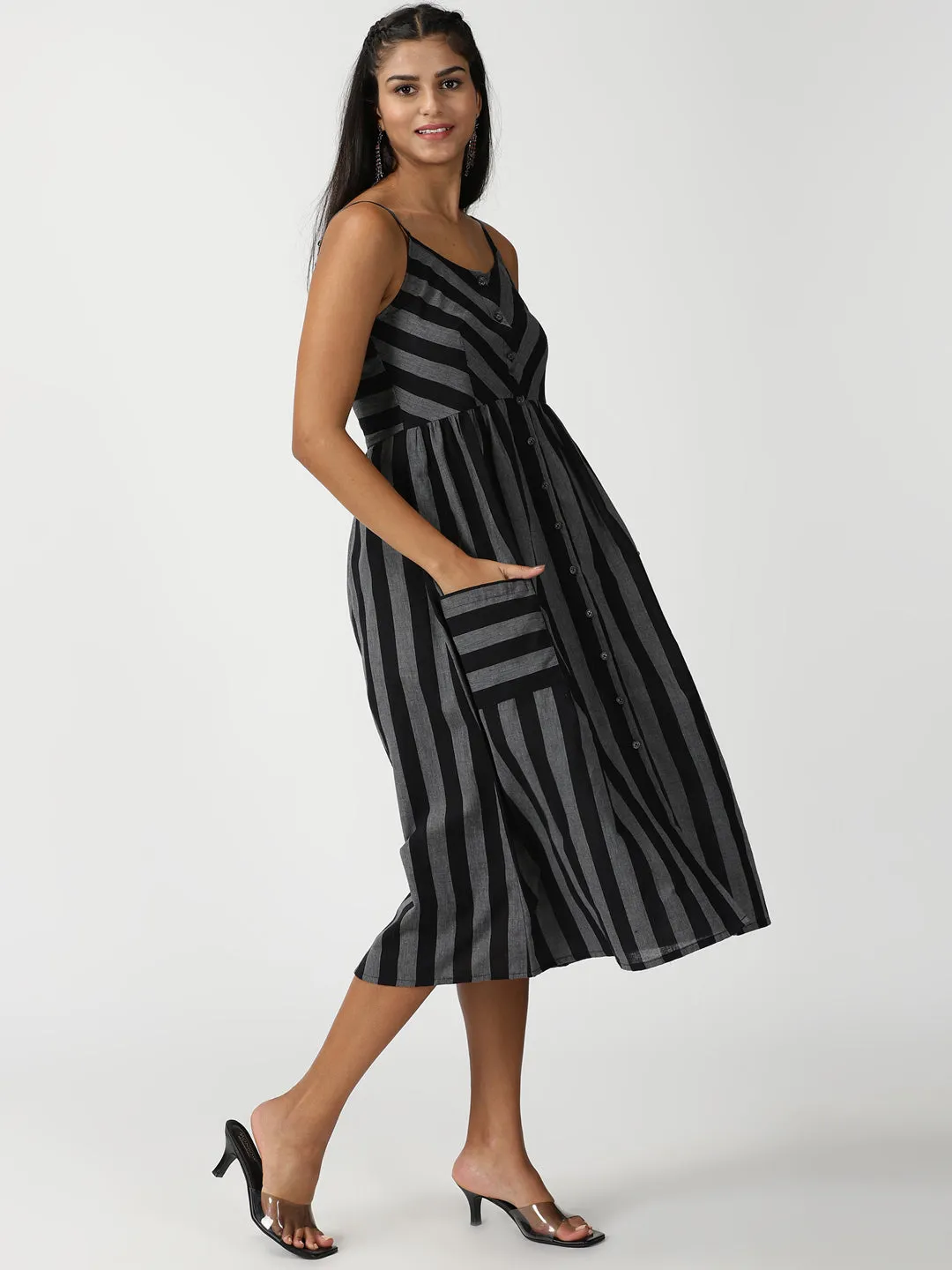 Black Striped Cotton Button-Down Strappy Midi Dress