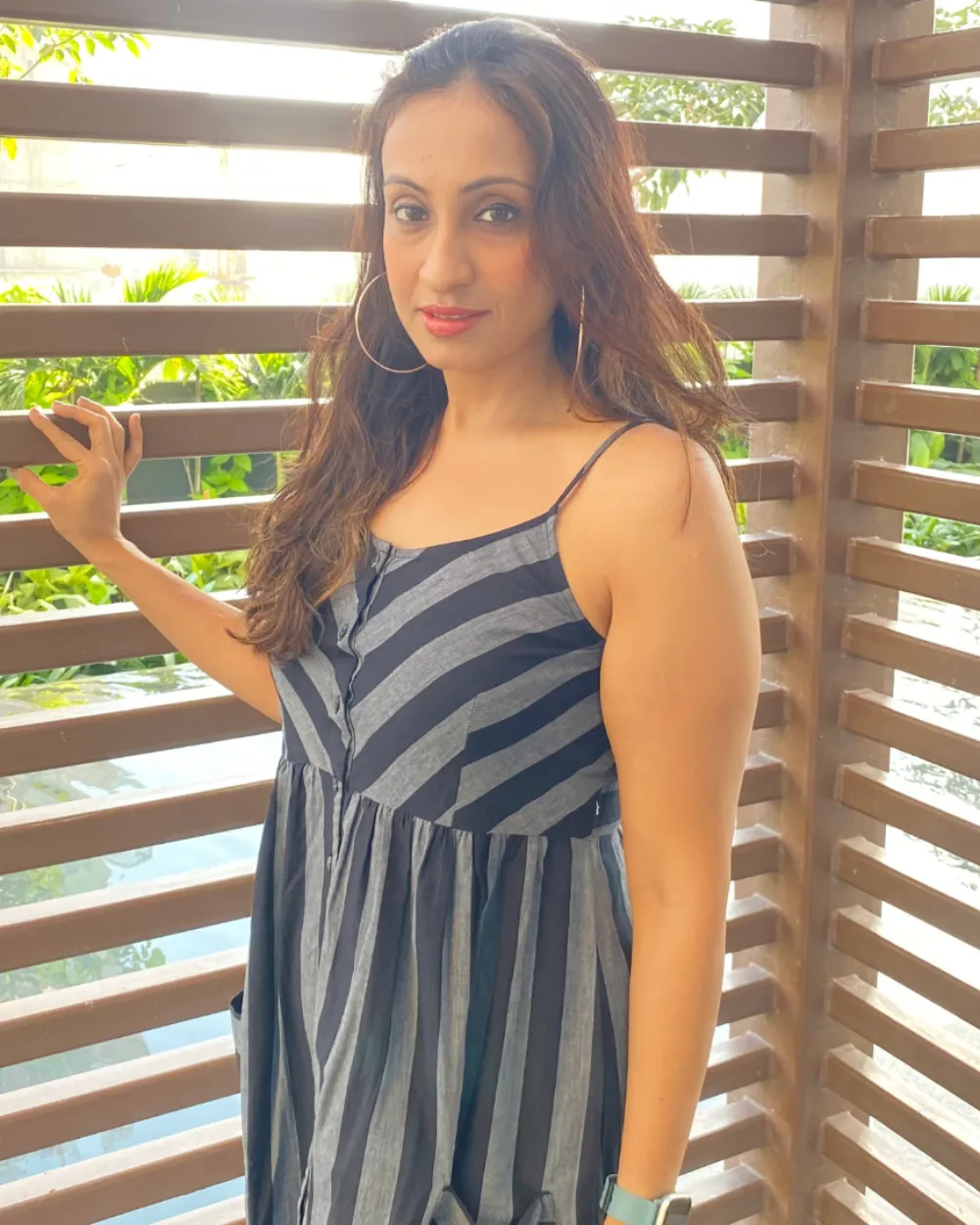 Black Striped Cotton Button-Down Strappy Midi Dress