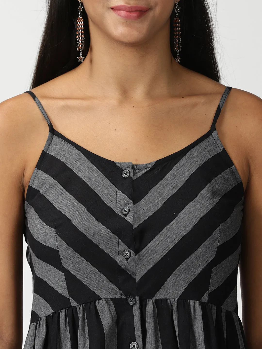 Black Striped Cotton Button-Down Strappy Midi Dress