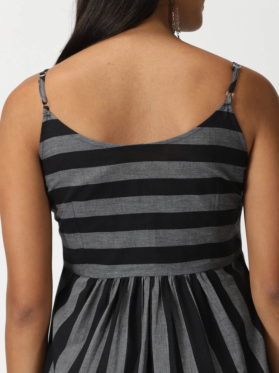 Black Striped Cotton Button-Down Strappy Midi Dress