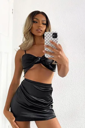 Black Tie Front Satin Crop Top   Skirt Co-ord - Orla