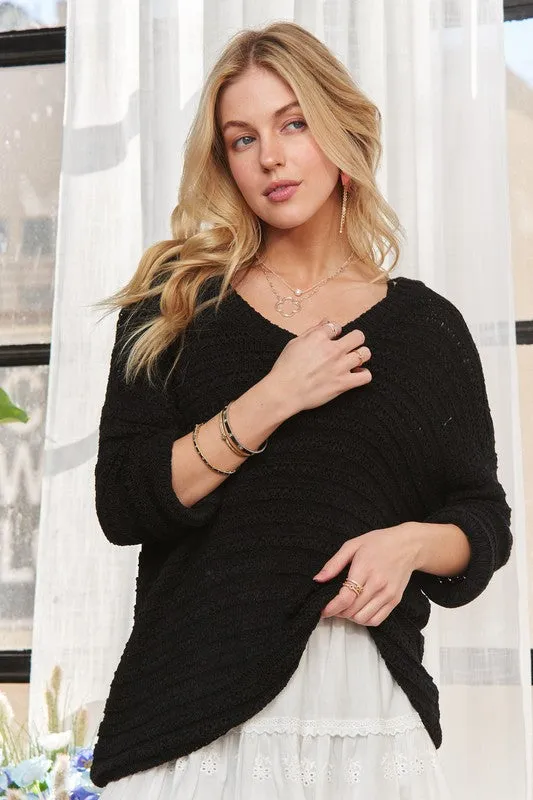 Black V-Neck Drop Shoulder Long Sleeve Sweater