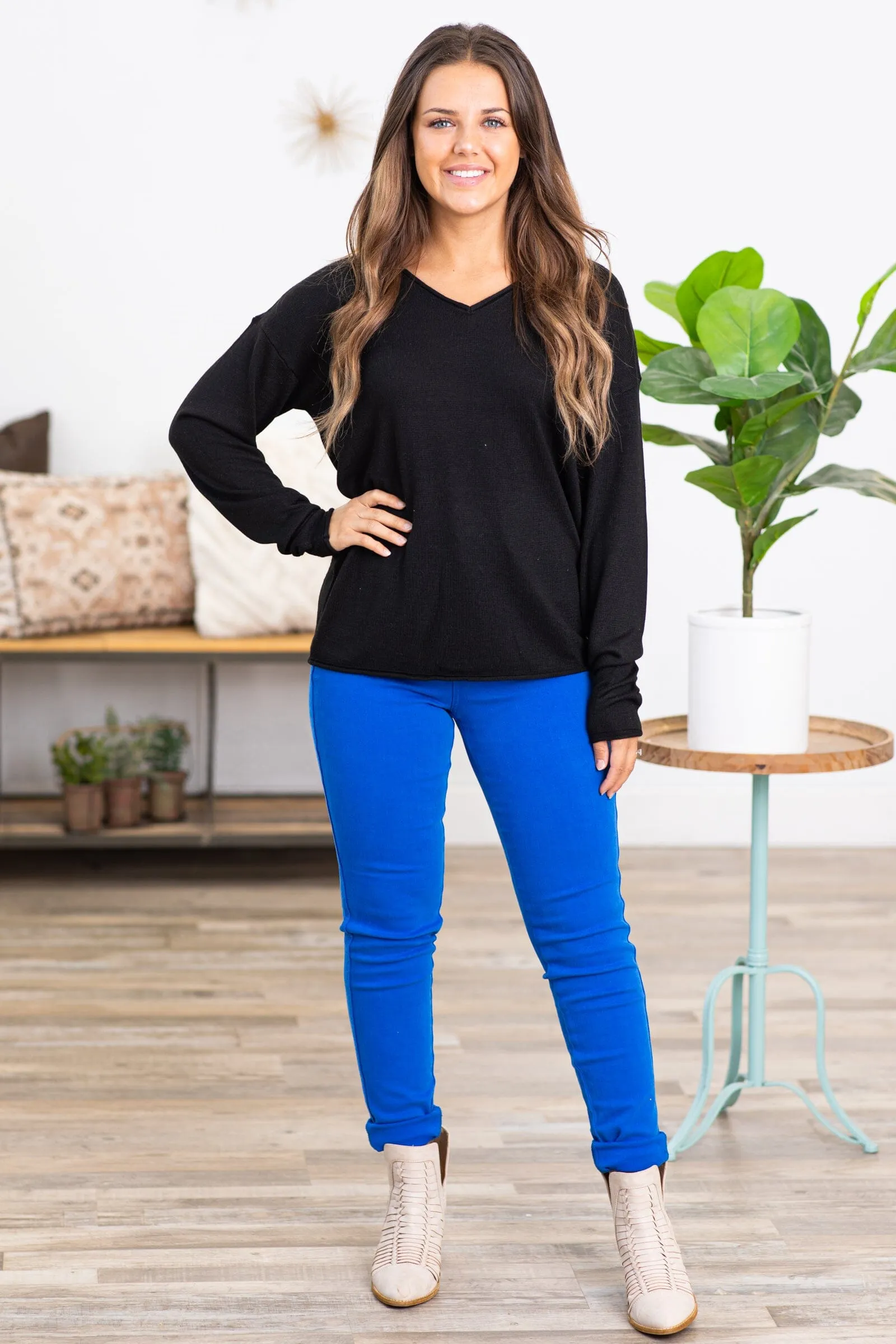 Black V-Neck Raw Edge Sweater
