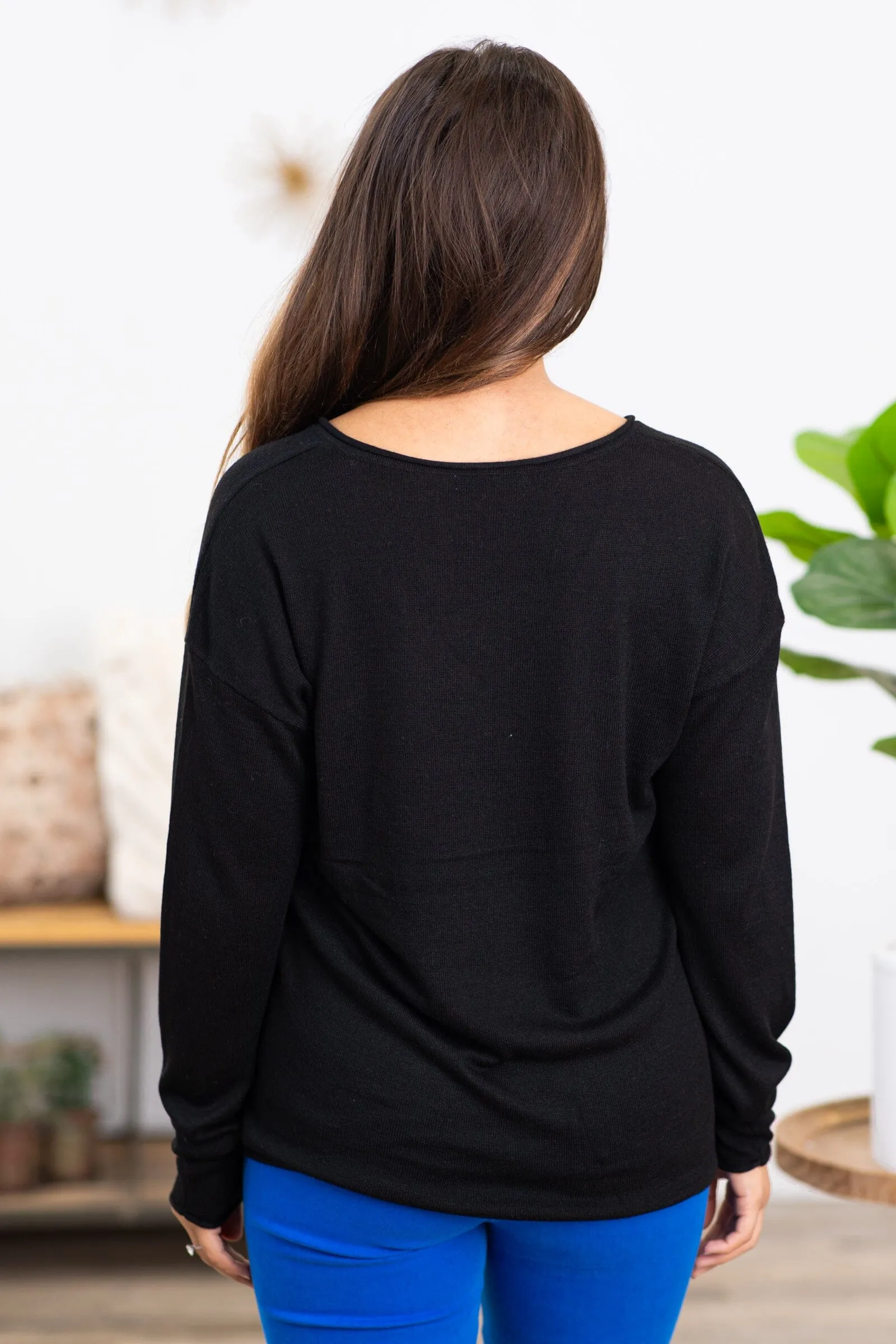 Black V-Neck Raw Edge Sweater
