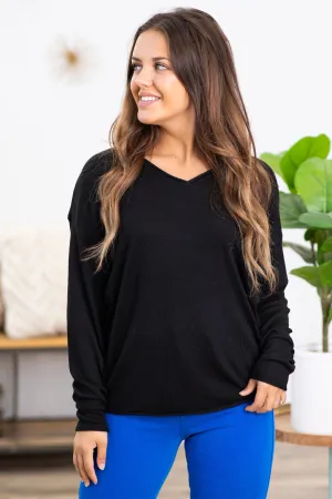 Black V-Neck Raw Edge Sweater