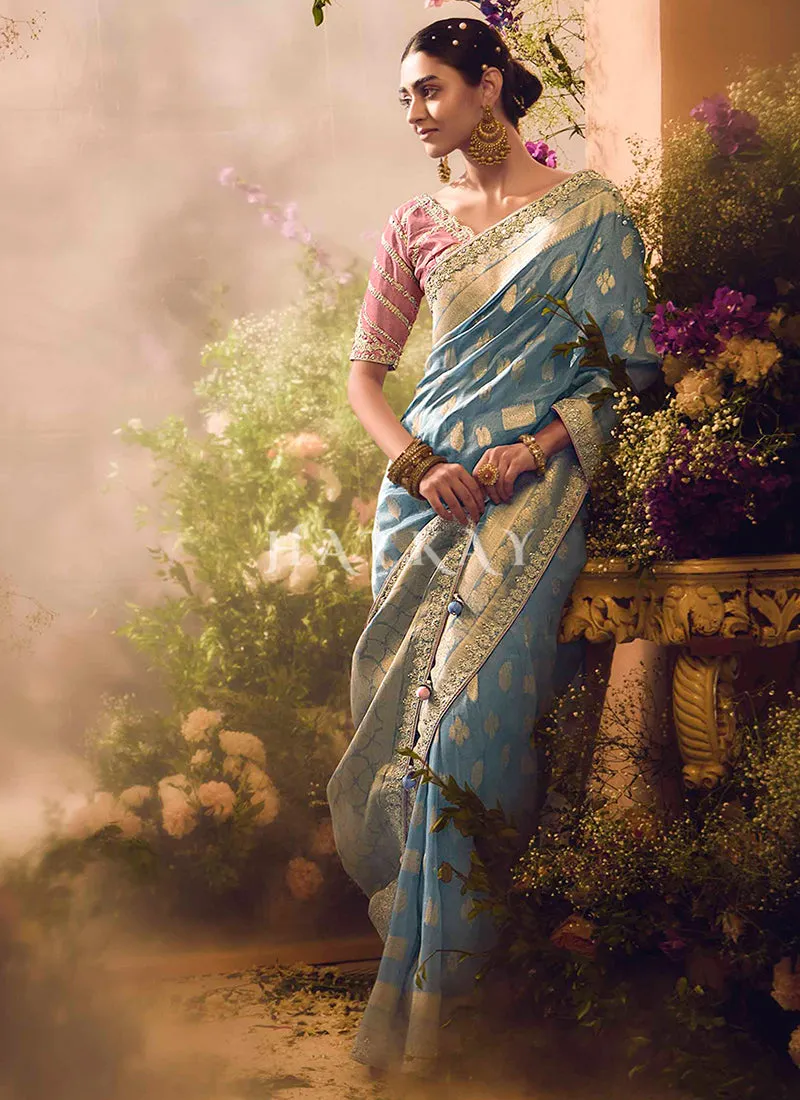 Blue And Pink Embroidery Banarasi Saree