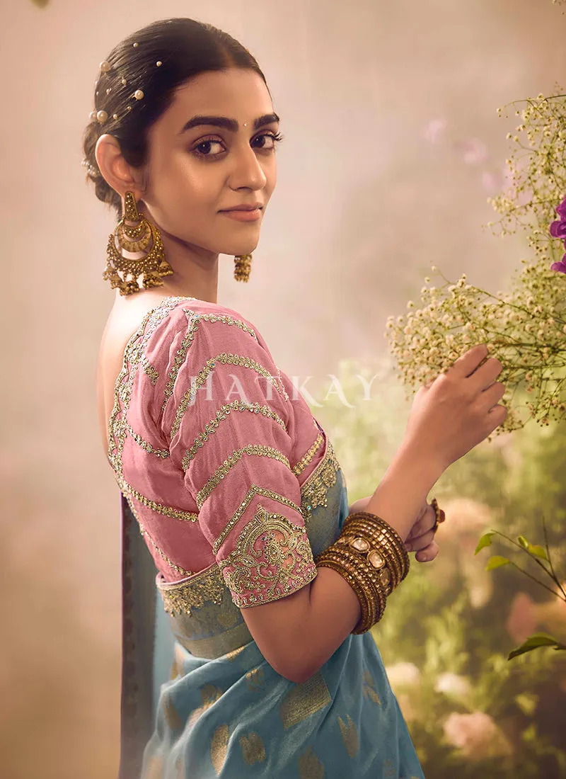Blue And Pink Embroidery Banarasi Saree