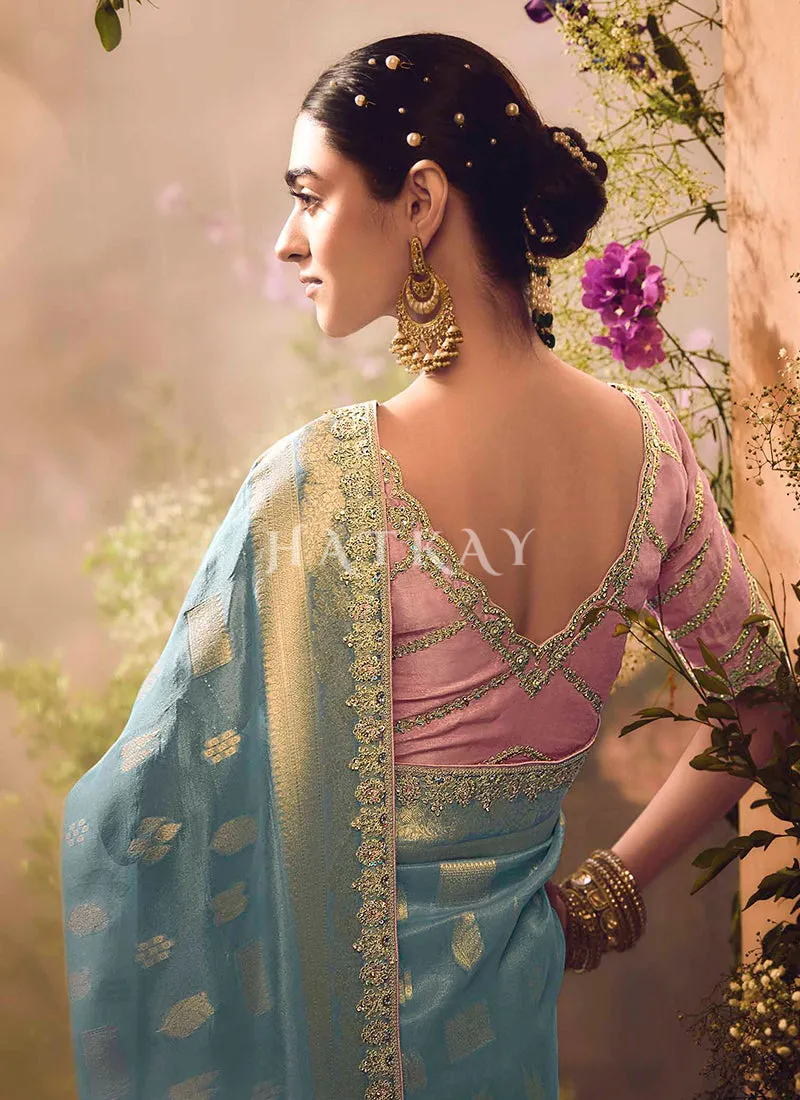 Blue And Pink Embroidery Banarasi Saree