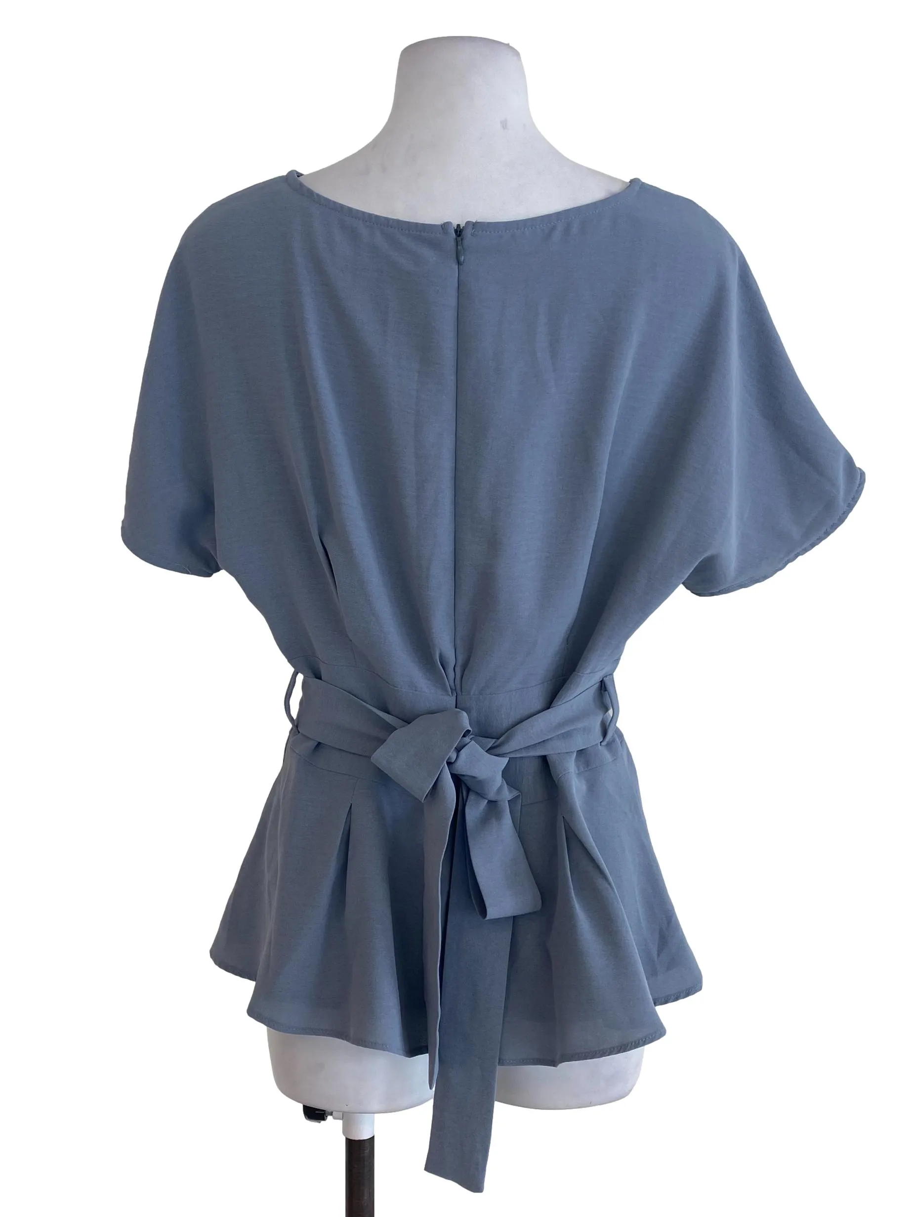 Blue Plain Ruffle Top