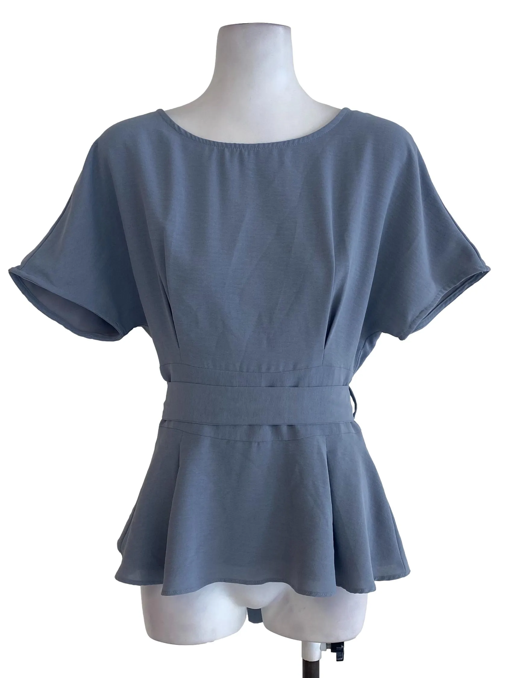 Blue Plain Ruffle Top