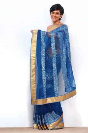 BLUE THREAD WORK NET SAREE WITH GOLD BORDER