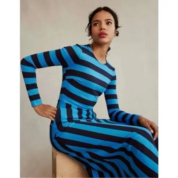 BODEN Stripe Jersey Fit and Flare Long Sleeve Colorful Preppy Midi Dress Size 4P