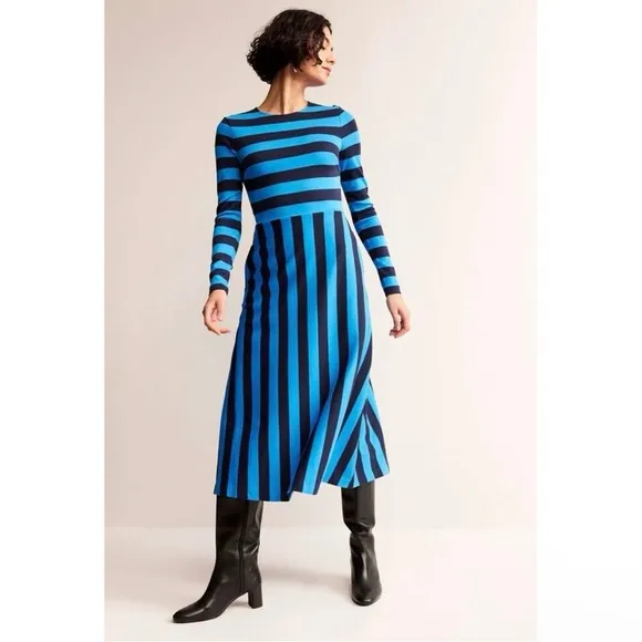 BODEN Stripe Jersey Fit and Flare Long Sleeve Colorful Preppy Midi Dress Size 4P