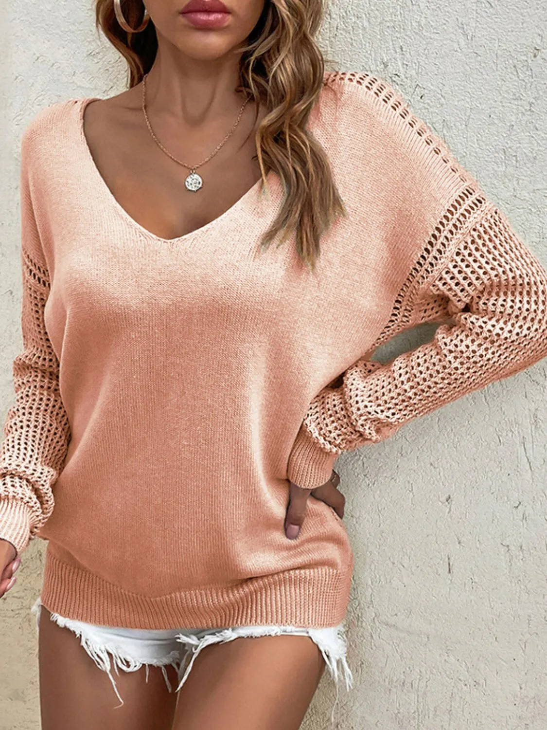 Brianna Openwork V-Neck Sweater