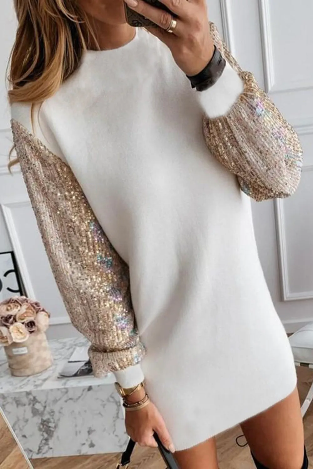 Bright White Sequin Sleeve Shift Mini Dress