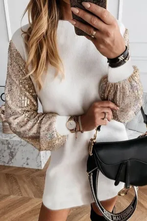 Bright White Sequin Sleeve Shift Mini Dress