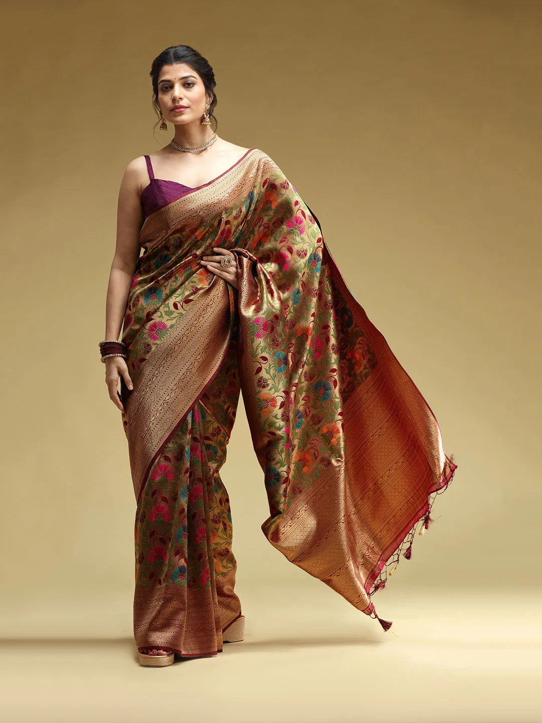 Brown Tissue Brocade Saree With Multi-Color Floral Prints