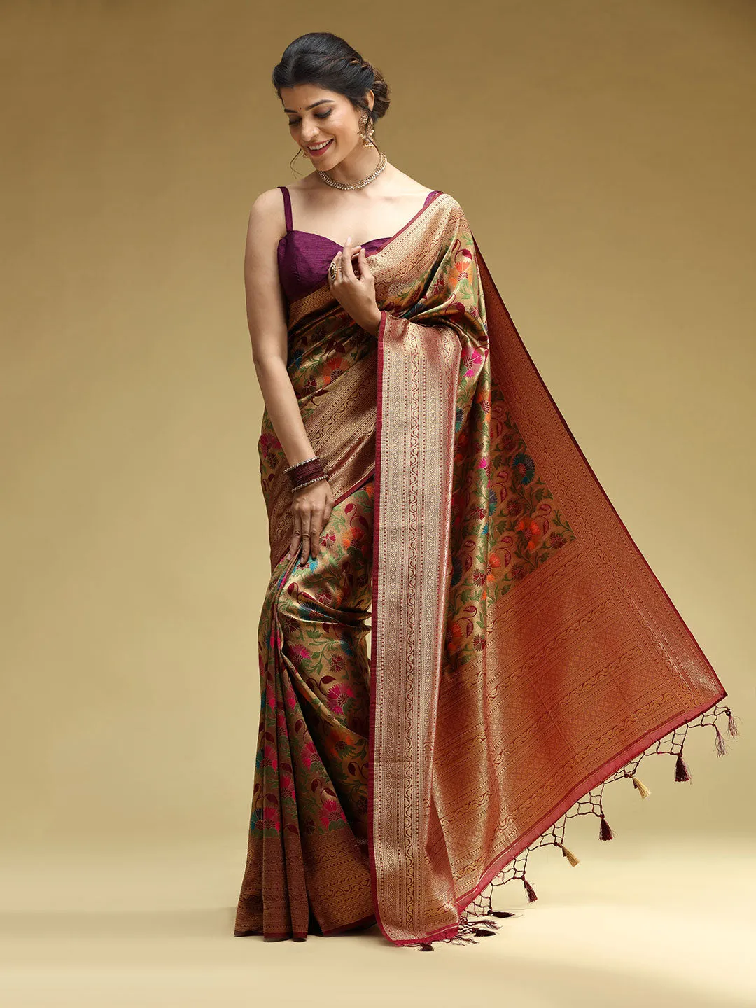 Brown Tissue Brocade Saree With Multi-Color Floral Prints
