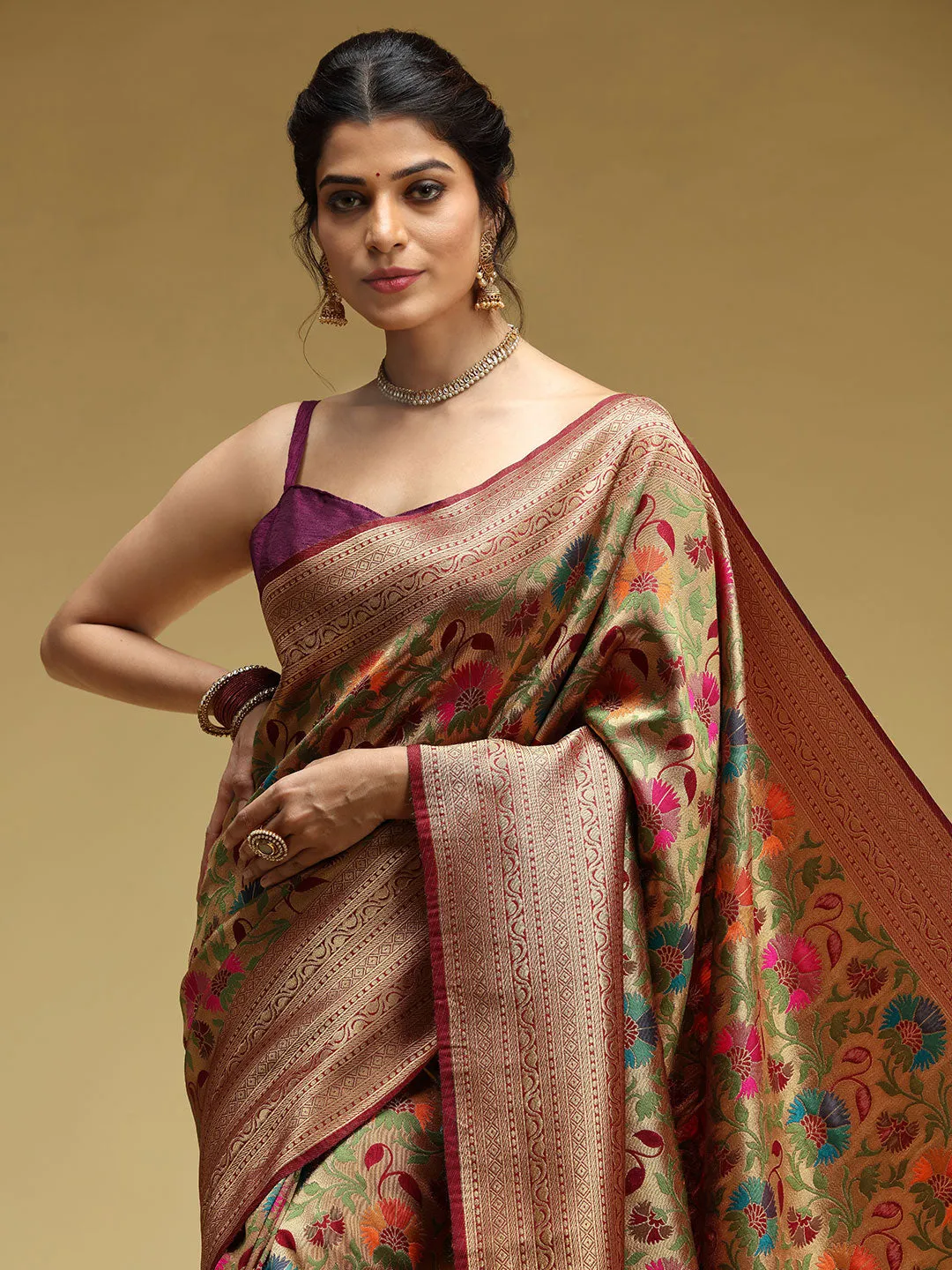 Brown Tissue Brocade Saree With Multi-Color Floral Prints
