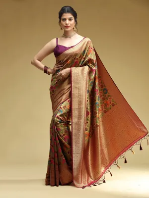 Brown Tissue Brocade Saree With Multi-Color Floral Prints