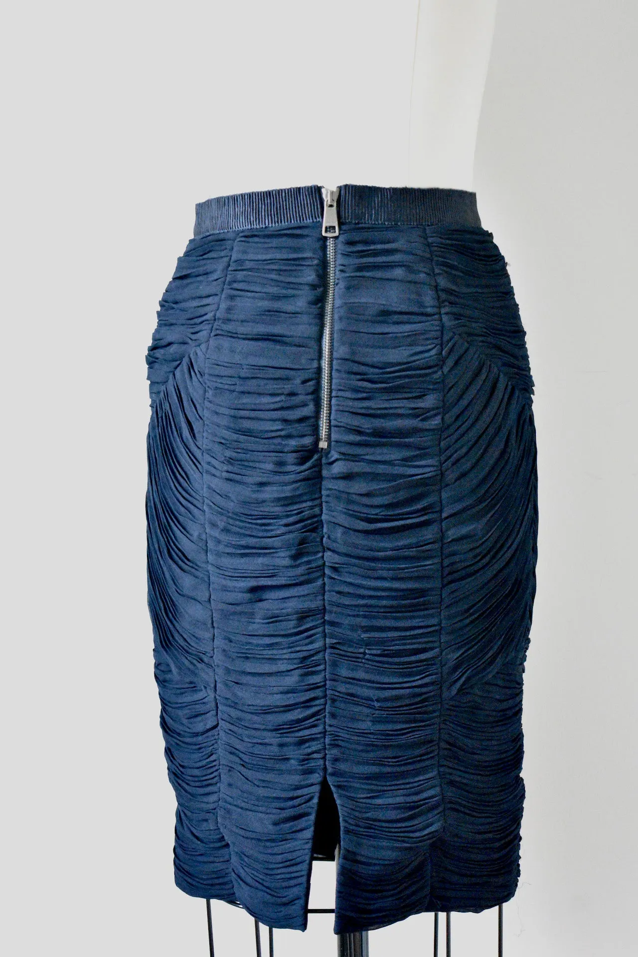 Burberry Navy Blue Ruched Pencil Skirt