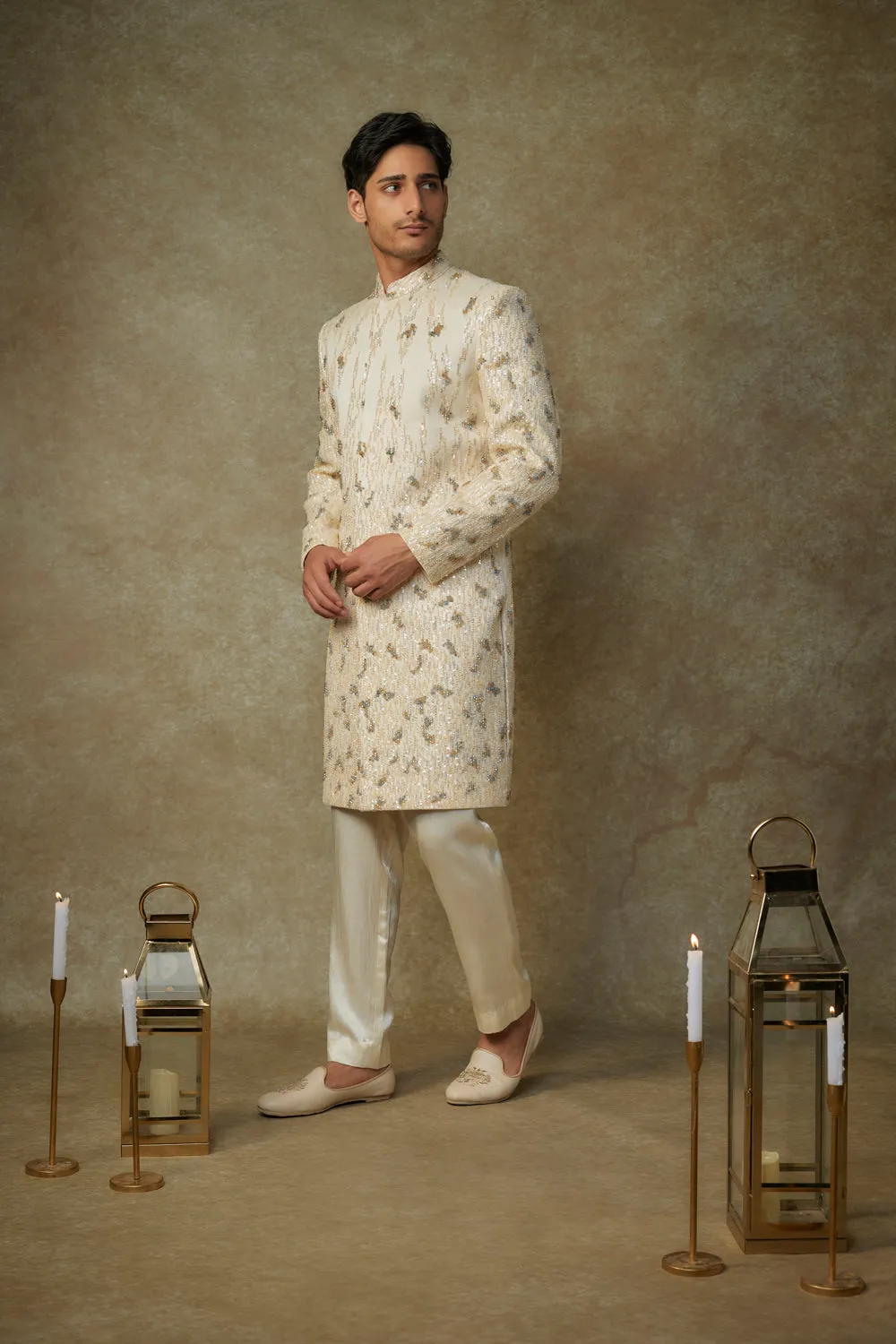 Butter Yellow Embroiderd Sherwani With Pant