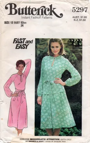 Butterick 5297 Womens EASY Stretch Dress Top & Skirt 1970s Vintage Sewing Pattern Size 12 Bust 34 inches UNCUT Factory Folded