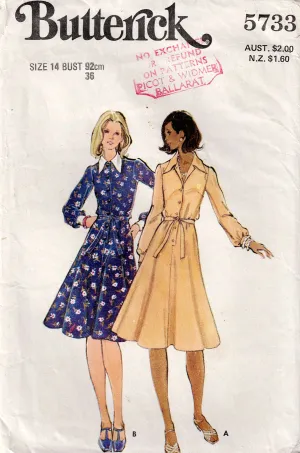 Butterick 5733 Womens Fit & Flared Wide Collar Shirtdress 1970s Vintage Sewing Pattern Size 14 Bust 36 Inches