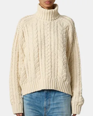 CABLE TURTLENECK SWEATER IN ECRU SLUB