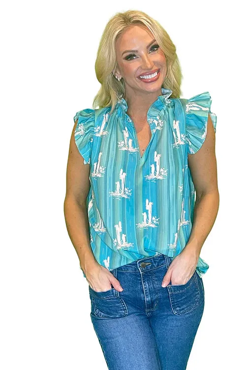 Cactus Ruffle Sleeve Blouse