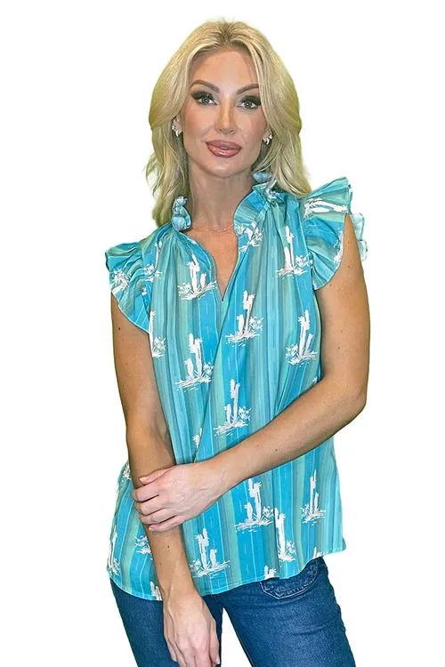 Cactus Ruffle Sleeve Blouse