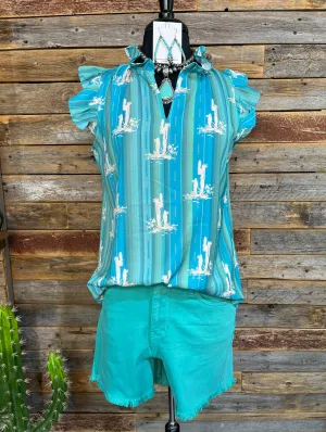 Cactus Ruffle Sleeve Blouse