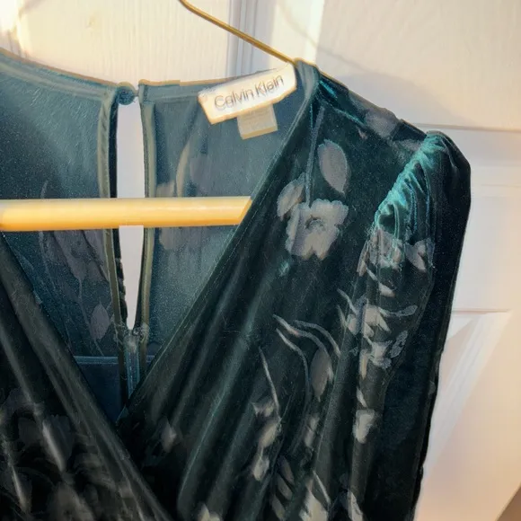 Calvin Klein NWT MALACHITE Dark Green Burn Out Velvet Fit &amp; Flare Dress size 10
