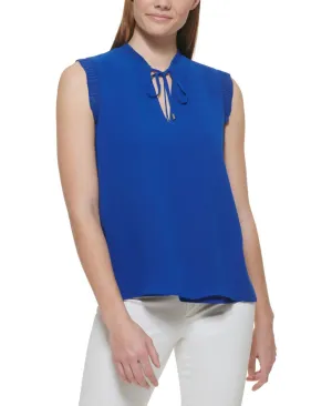 Calvin Klein Womens Sleeveless Ruffle Trim Tie Neck Blouse M2MH7874 Blue M