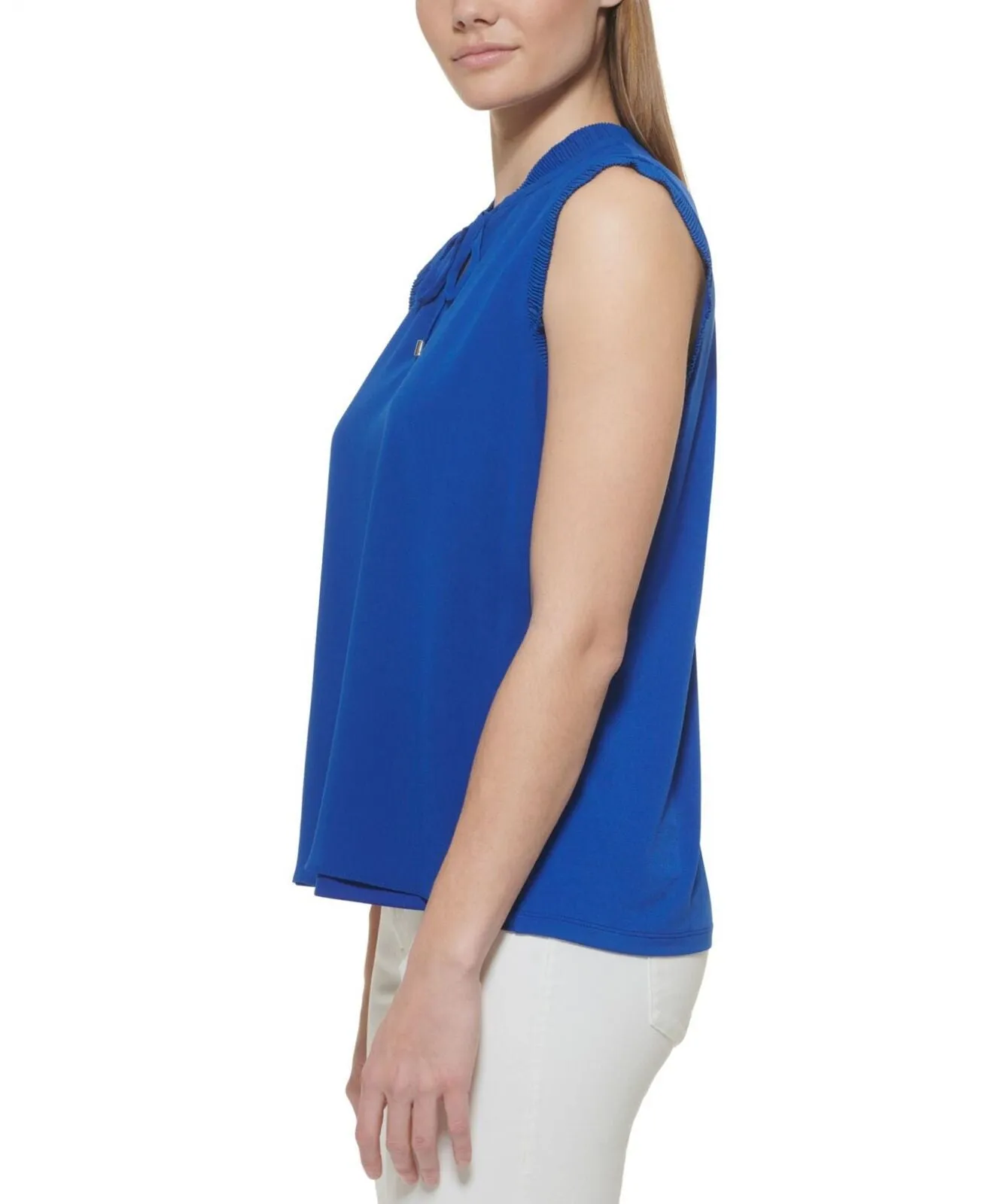 Calvin Klein Womens Sleeveless Ruffle Trim Tie Neck Blouse M2MH7874 Blue M