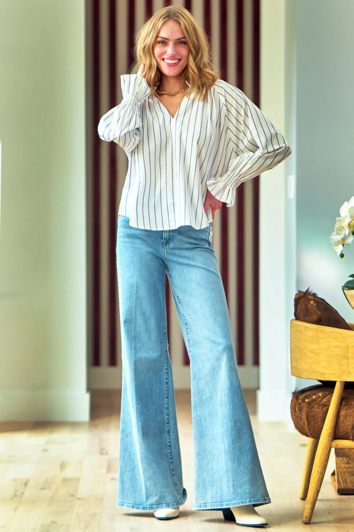 Candace Popover Top Double Pinstripe Burgundy/White