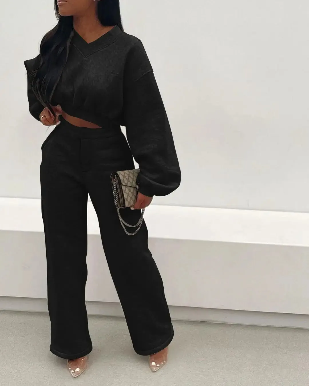 Casual Puff Sleeve Crop Shirt and Pants Set