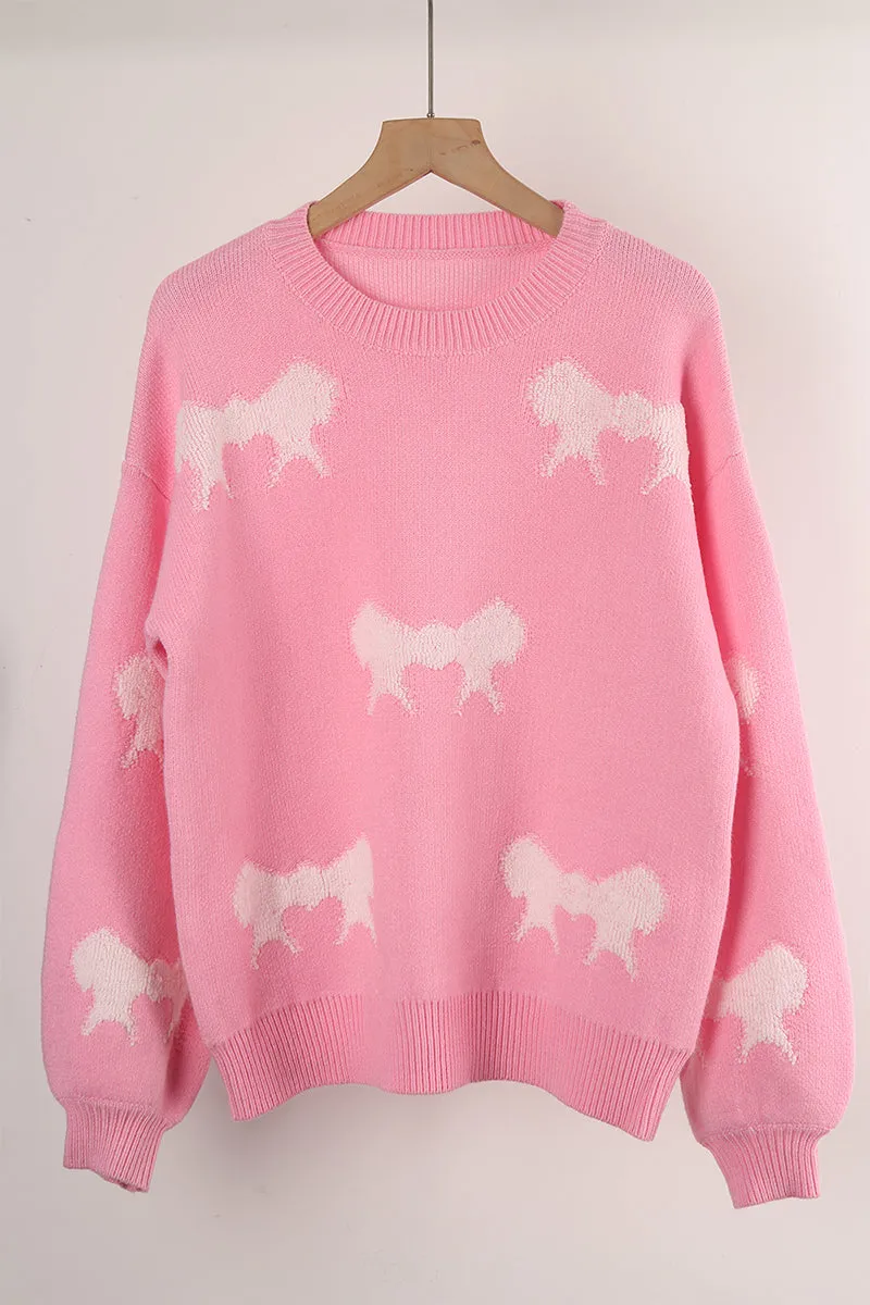 Casual Street Bow Weave Contrast O Neck Sweaters(4 Colors)