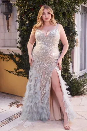 CD A1229C - Plus Size Feather Embellished Fit & Flare Prom Gown with Detailed Beading & Open Lace Up Corset Back